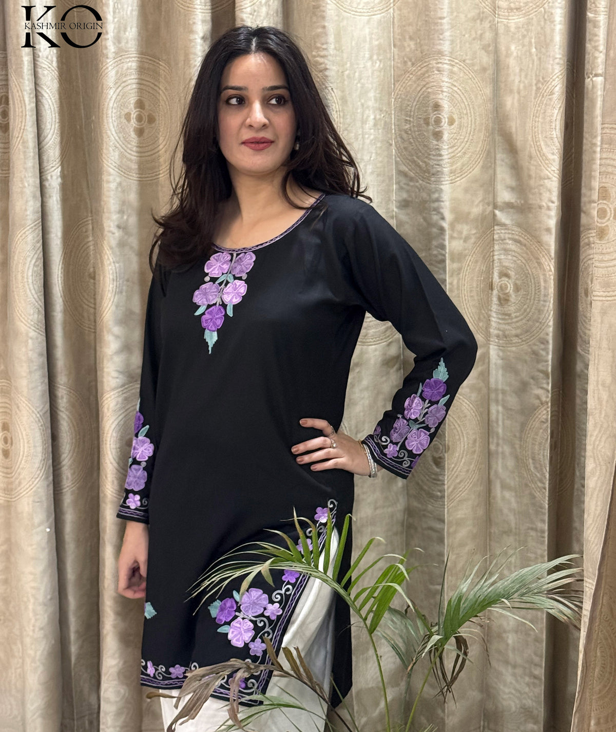 Black & White With Purple Aari Embroidered Cotton Co Ord Set