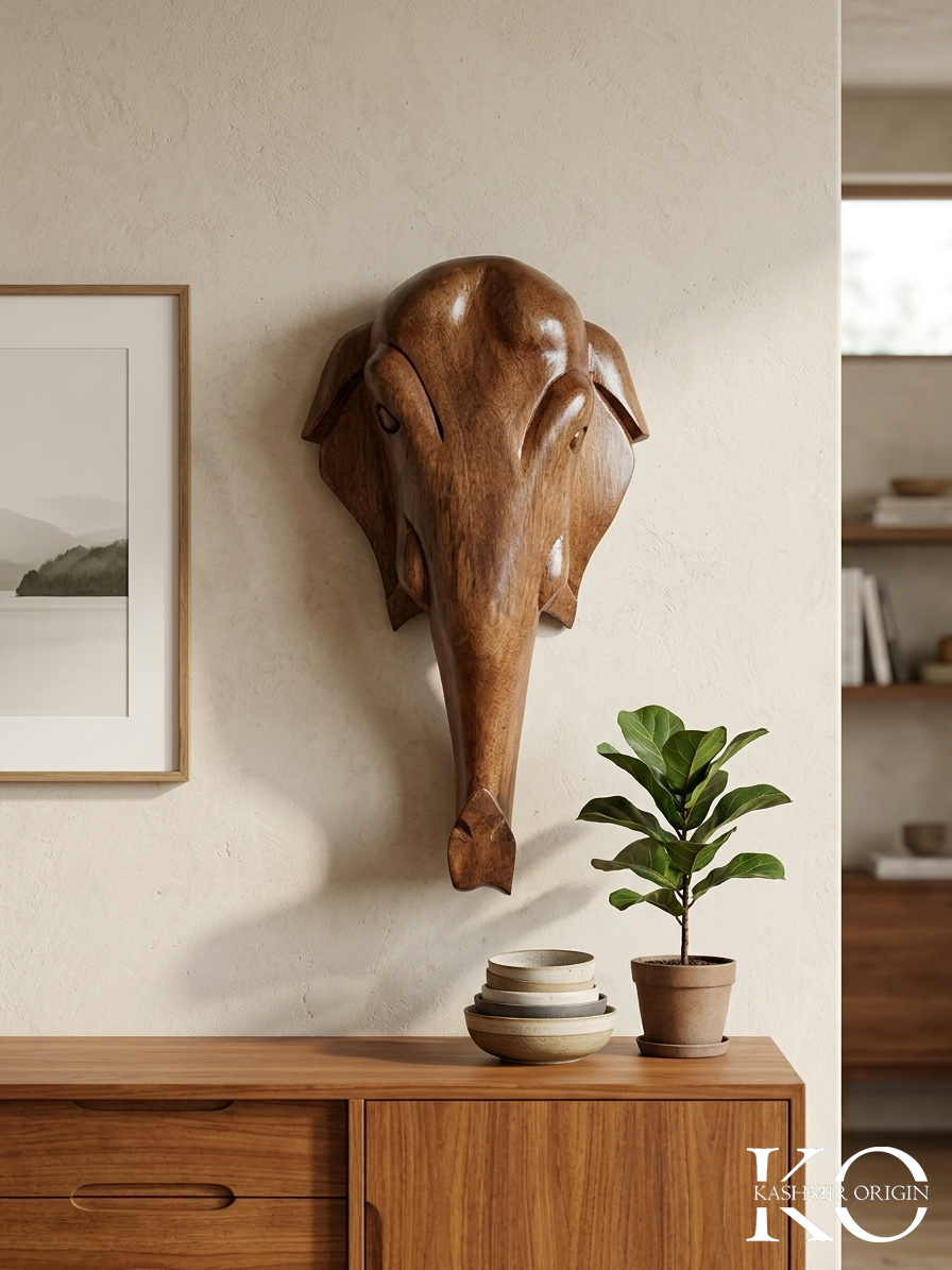 Kashmiri walnut wood elephant head wall decor, front view