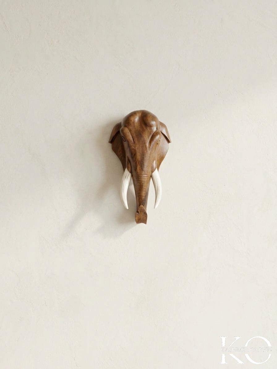 Hand carved walnut wood elephant head, carving detail