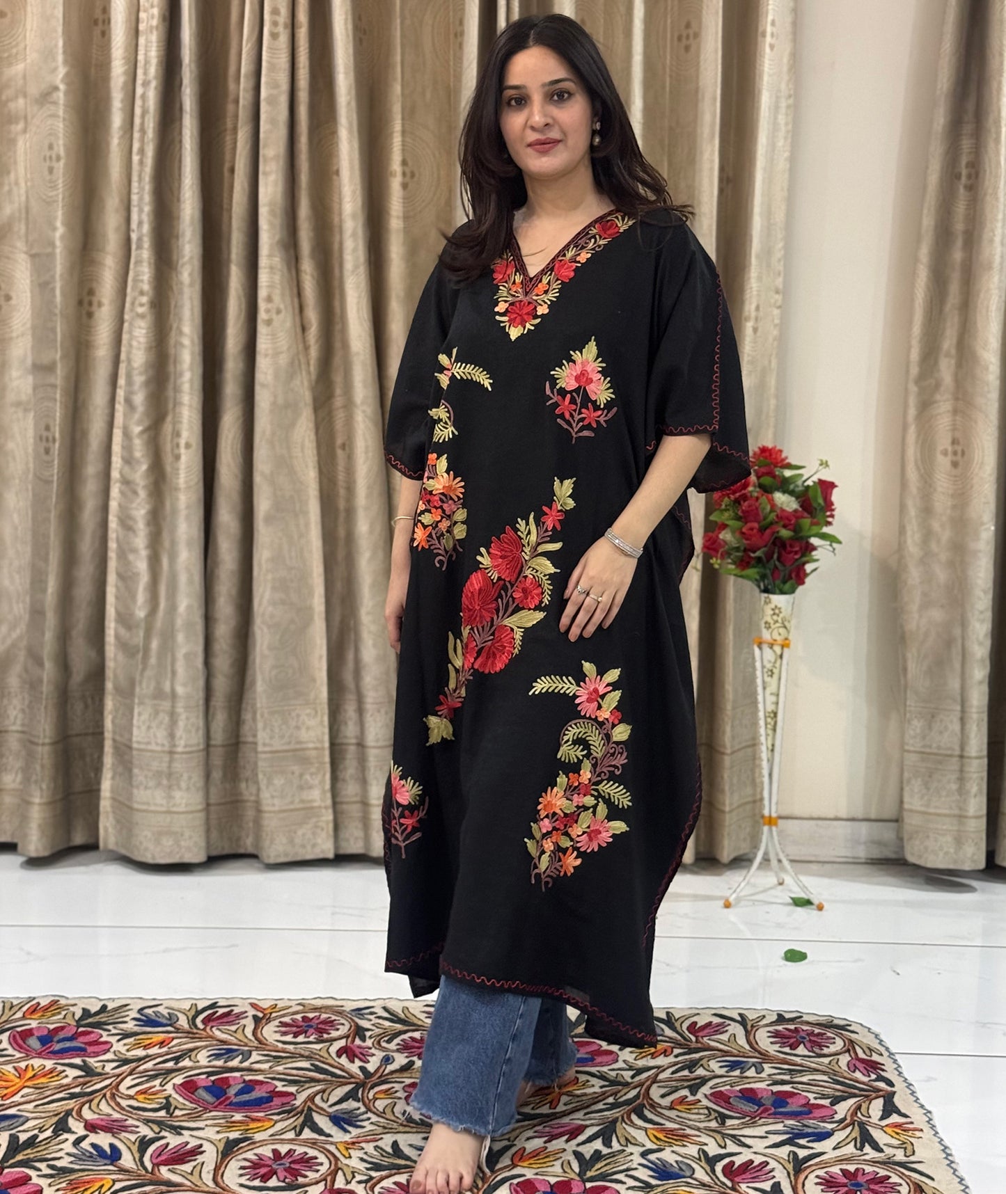 Black Aari Embroidered Plant Design Kashmiri Crush Cotton Kaftan | Special Cotton fabric for Hot Summers