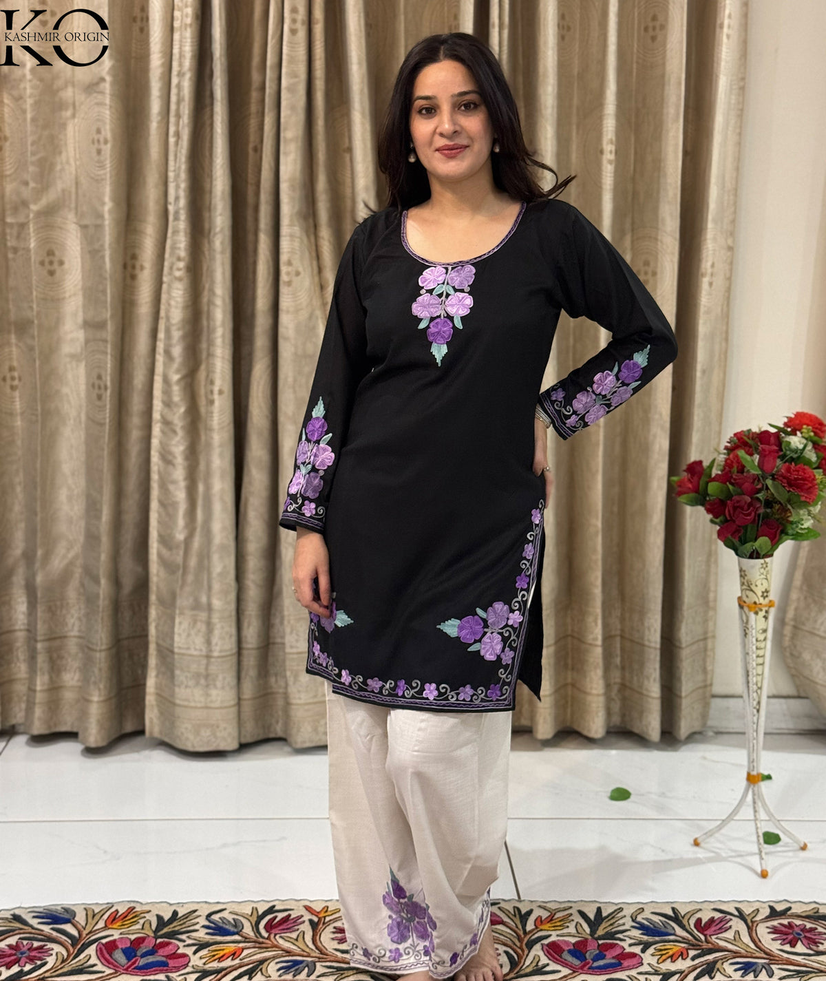 Black & White With Purple Aari Embroidered Cotton Co Ord Set