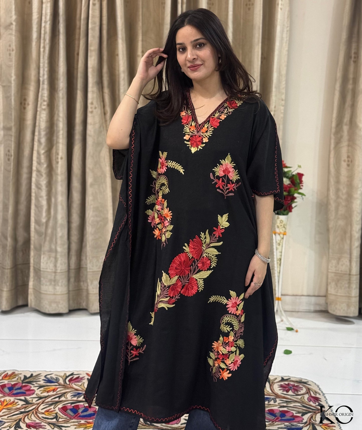 Black Aari Embroidered Plant Design Kashmiri Crush Cotton Kaftan | Special Cotton fabric for Hot Summers