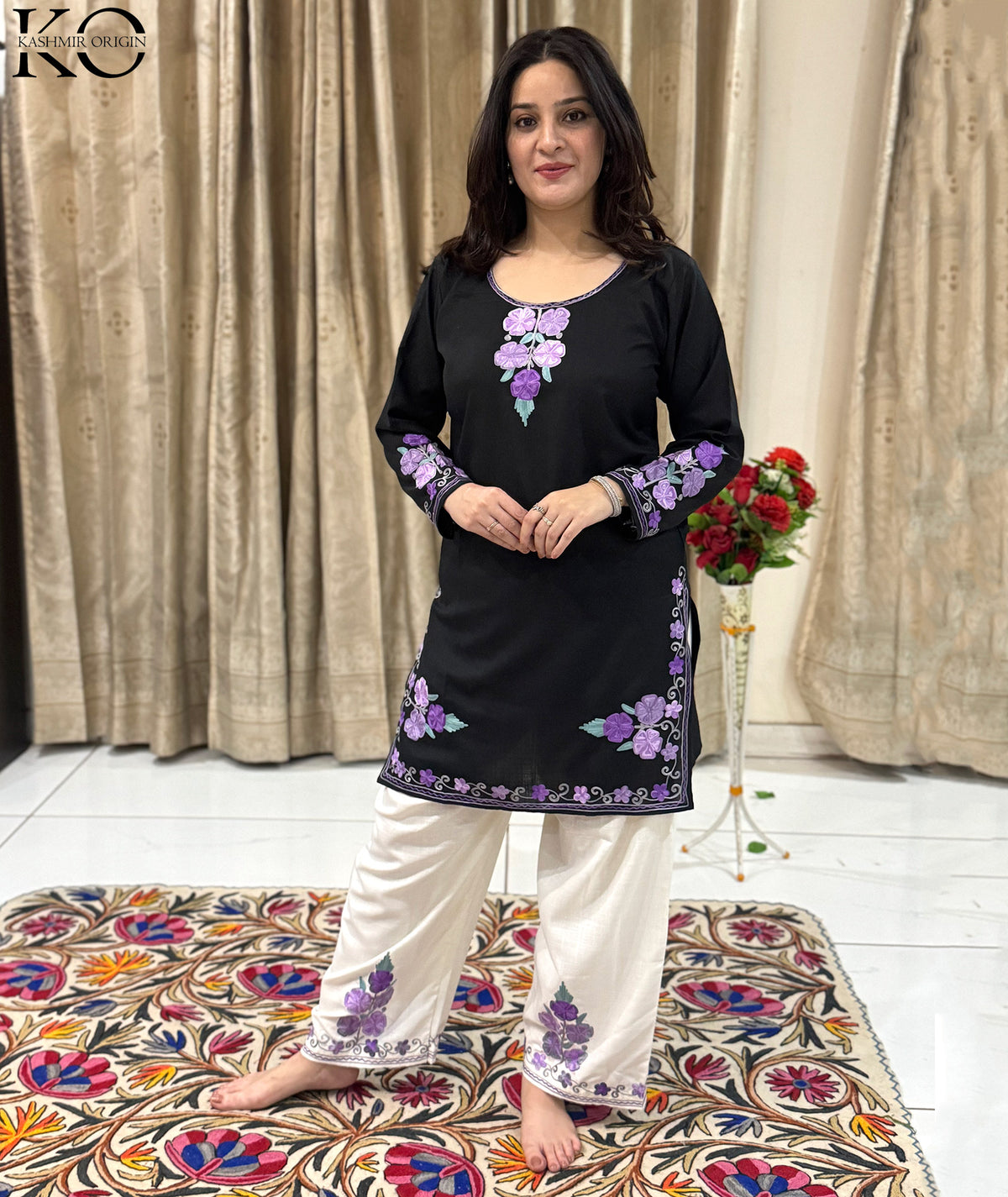 Black & White With Purple Aari Embroidered Cotton Co Ord Set S