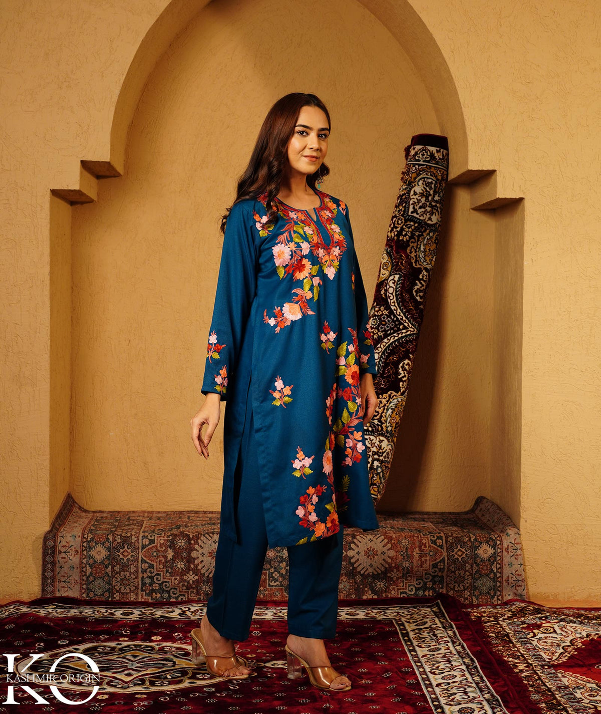 Midnight Blue Aari Embroidered Woolen Suit With Shawl