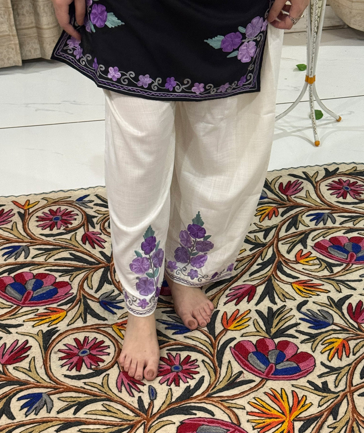 Black & White With Purple Aari Embroidered Cotton Co Ord Set