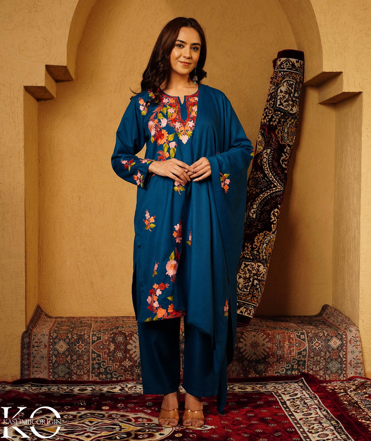 Midnight Blue Aari Embroidered Woolen Suit With Shawl