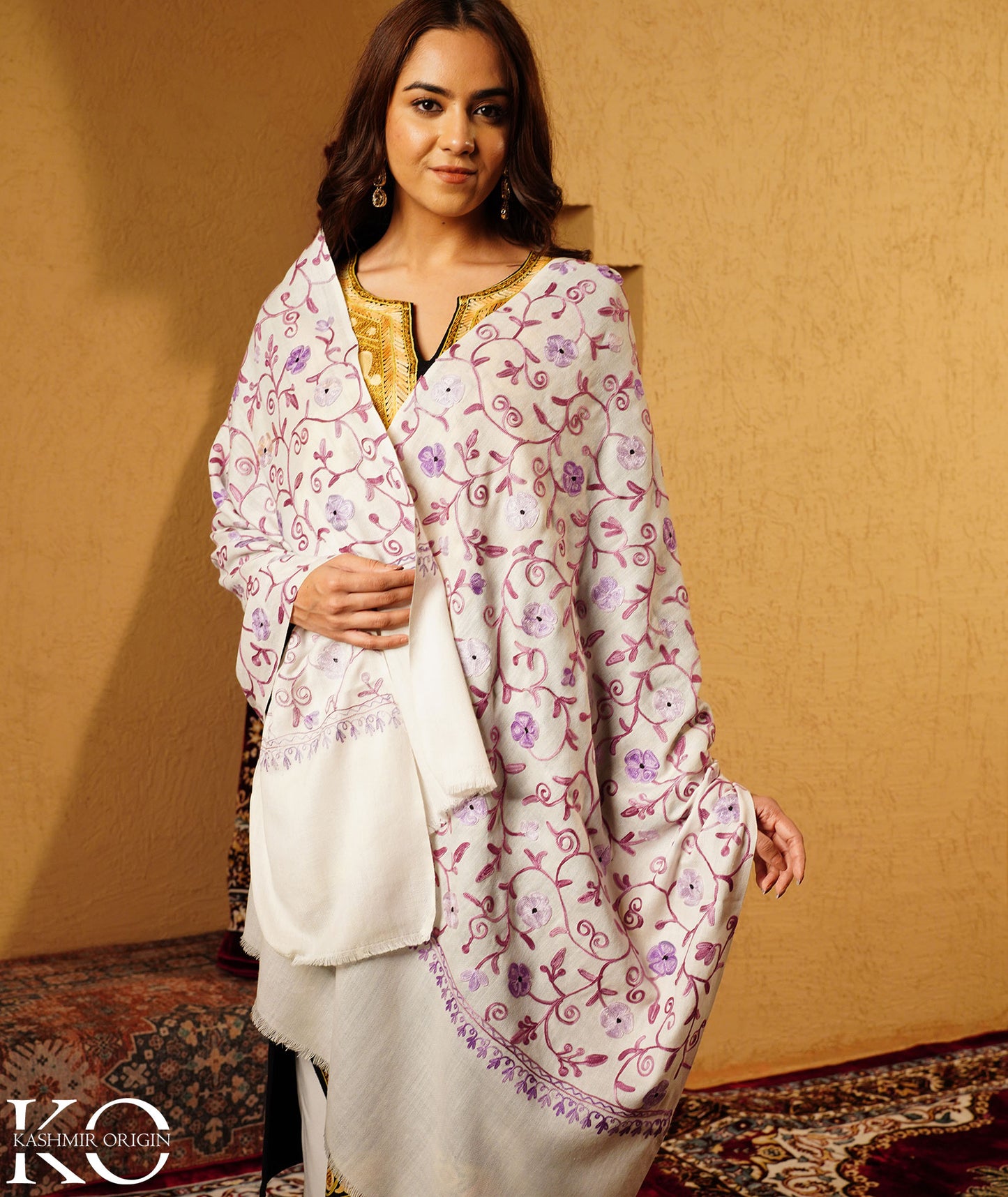 Off White Aari Embroidered Woolen Shawl