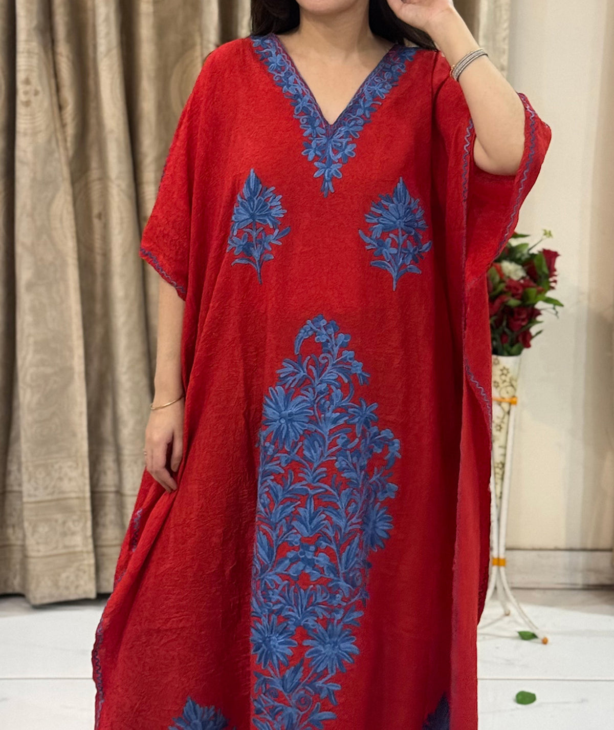 Red & Blue Aari Embroidered Kashmiri Crush Cotton Kaftan | Special Cotton fabric for Hot Summers