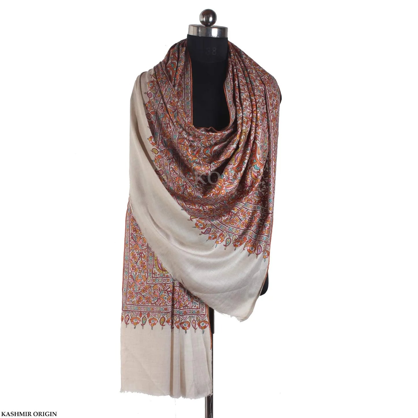 Creme base Sozni Embroidered Cashmere Pashmina Jamawar Shawl
