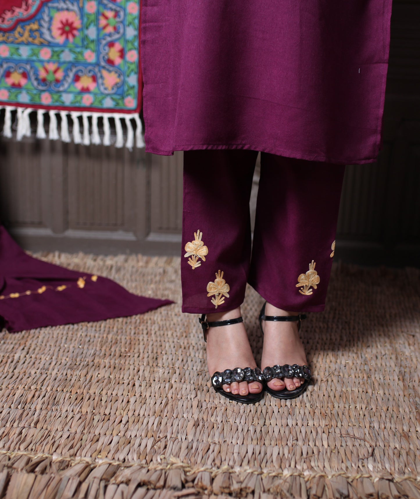 Wine Aari& Zari Embroidered Kashmiri Cotton 3-Piece Suit With Dupatta