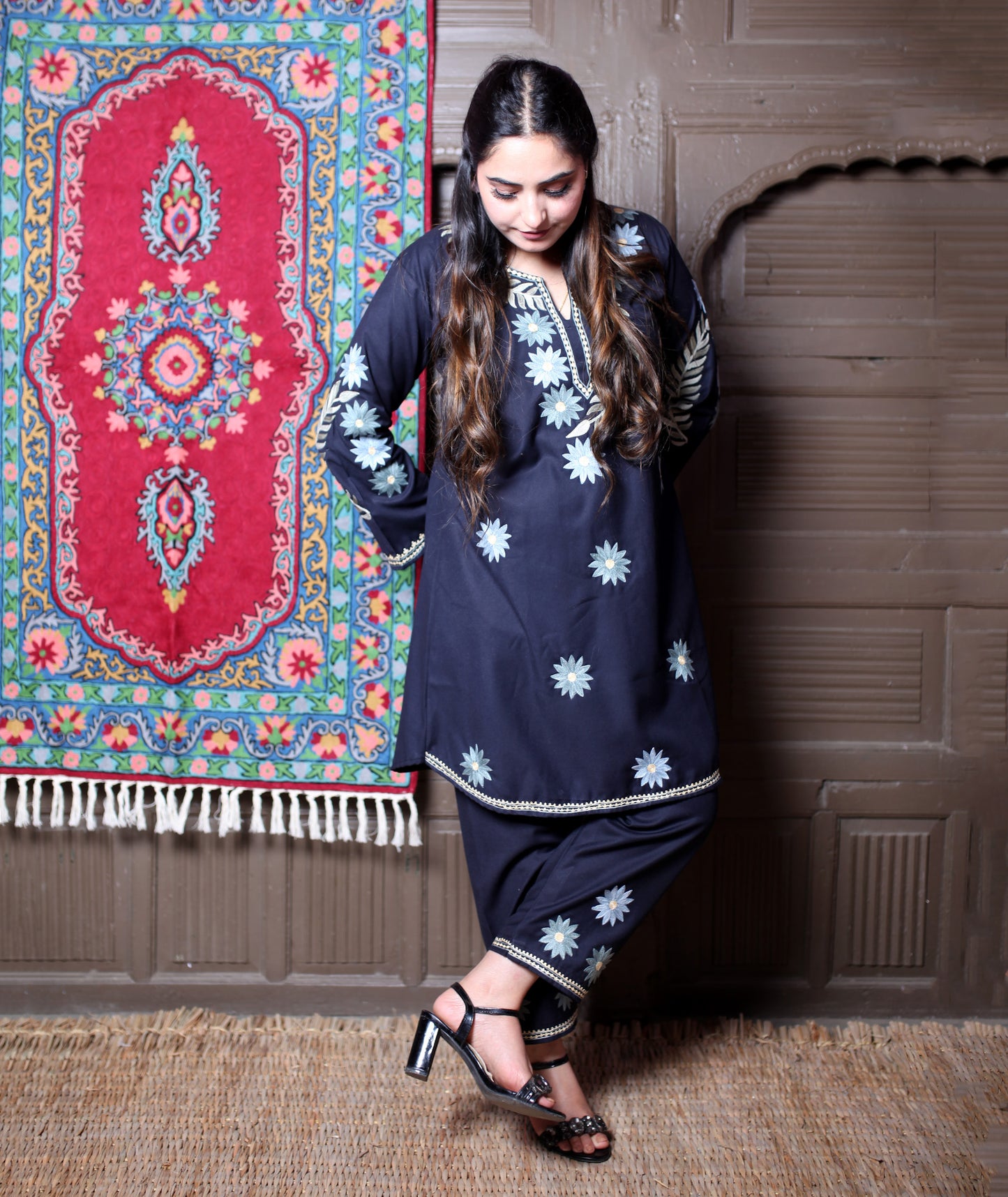 Black Aari Daisy Floral Embroidered Kashmiri Cotton Co-Ord Set