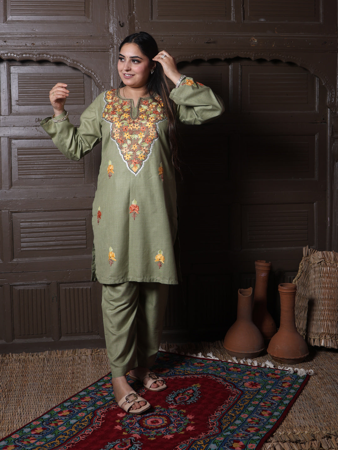 Olive Green Floral Aari Embroidered Kashmiri Cotton Co-Ord Set