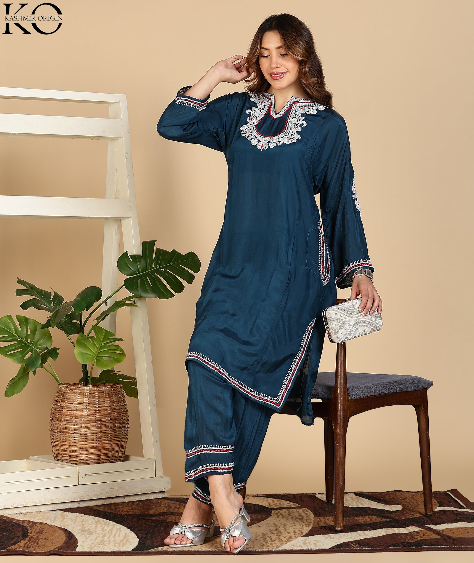 Teal Blue Silk Pheran Set | Tilla Embroidered Pheran | Kashmiri Silk Dress Kashmir origin Teal Blue Silk Pheran Set | Tilla Embroidered Pheran | Kashmiri Silk Dress Kashmir origin