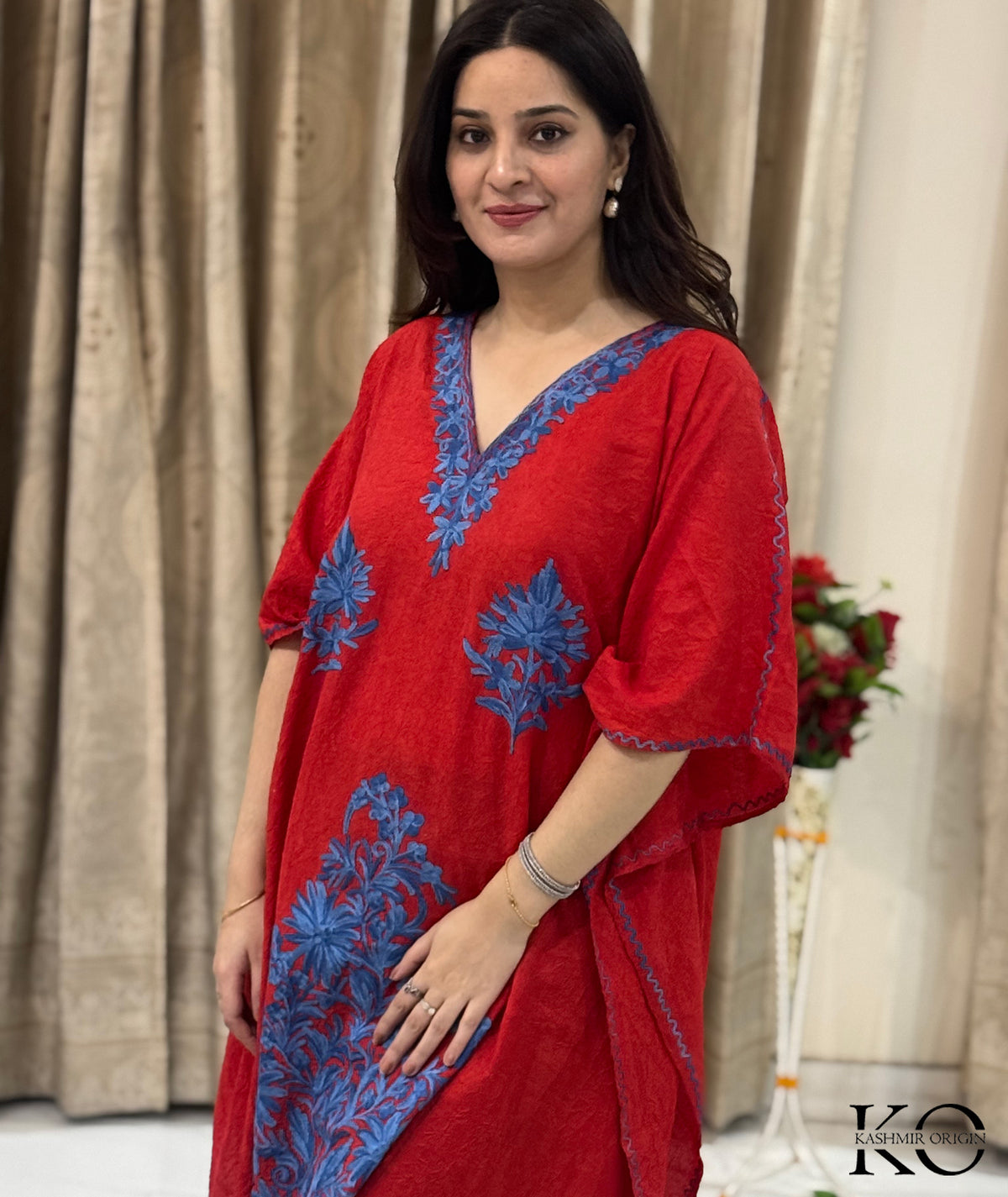 Red & Blue Aari Embroidered Kashmiri Crush Cotton Kaftan | Special Cotton fabric for Hot Summers