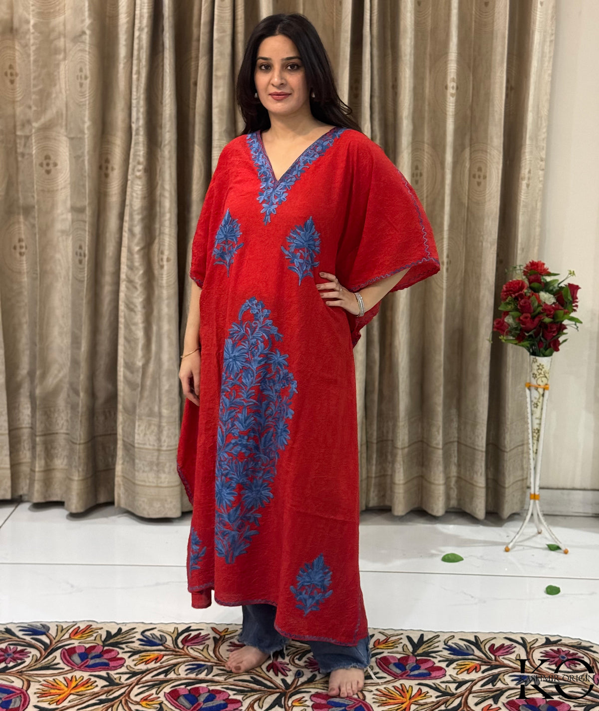 Red & Blue Aari Embroidered Kashmiri Crush Cotton Kaftan | Special Cotton fabric for Hot Summers