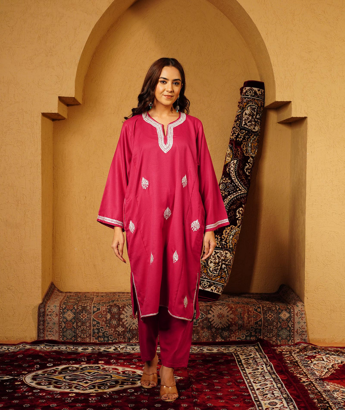 Raspberry Pink Tilla Embroidered Woolen Suit With Shawl
