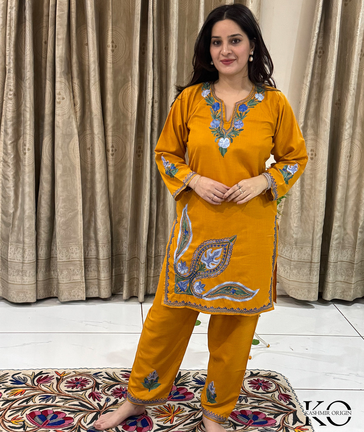 Mustard Yellow Daman Design Aari Embroidered Cotton Co Ord Set