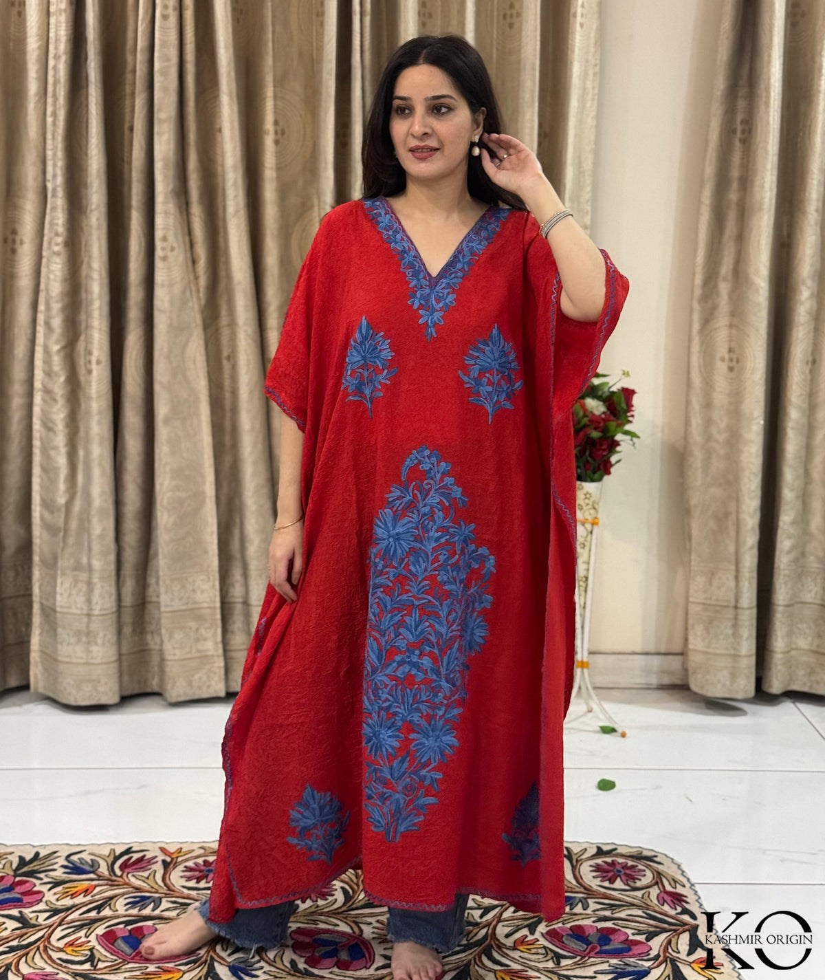 Red & Blue Aari Embroidered Kashmiri Crush Cotton Kaftan | Special Cotton fabric for Hot Summers