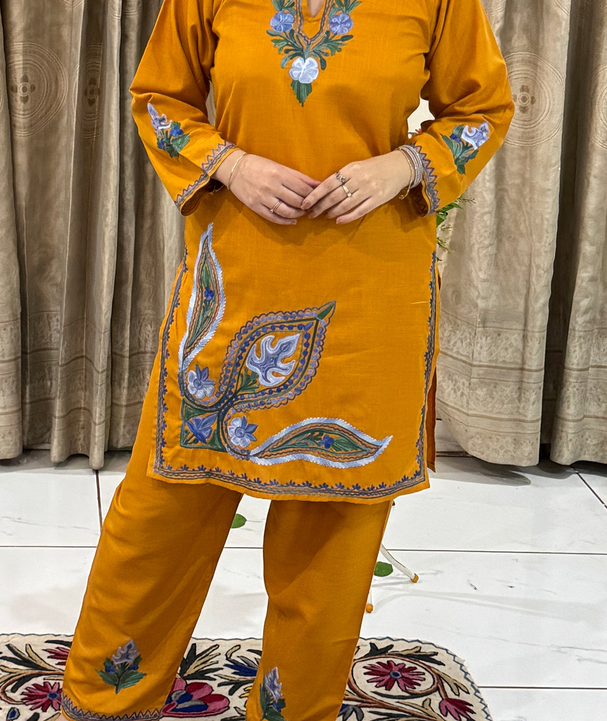 Mustard Yellow Daman Design Aari Embroidered Cotton Co Ord Set