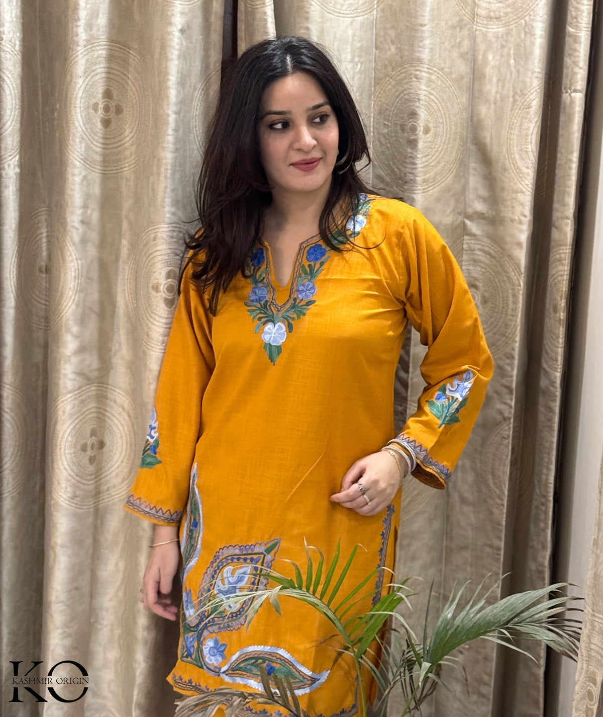 Mustard Yellow Daman Design Aari Embroidered Cotton Co Ord Set