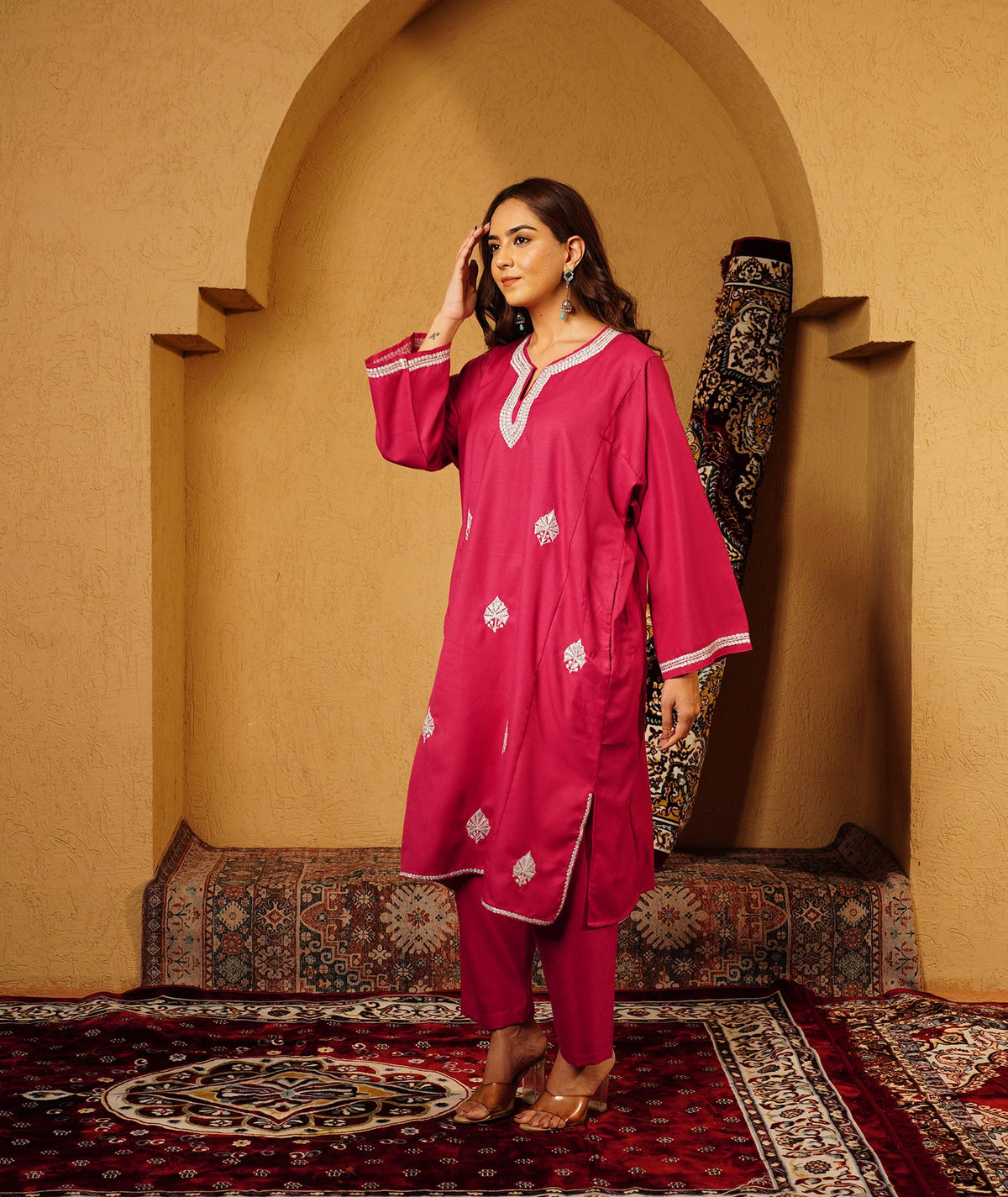 Raspberry Pink Tilla Embroidered Woolen Suit With Shawl