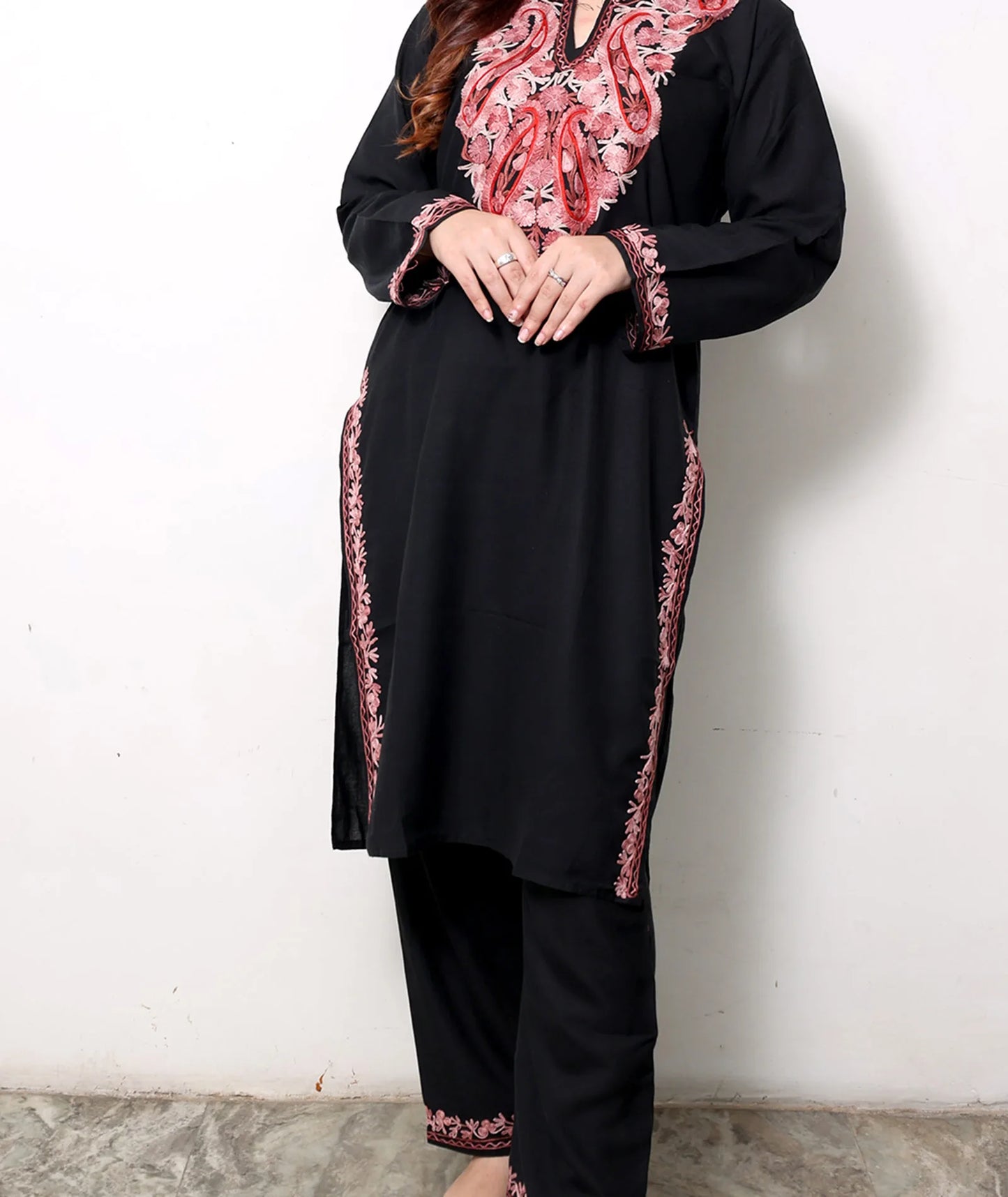 Paisley Neck Design Aari Embroidered Black Cotton Co-ord Set