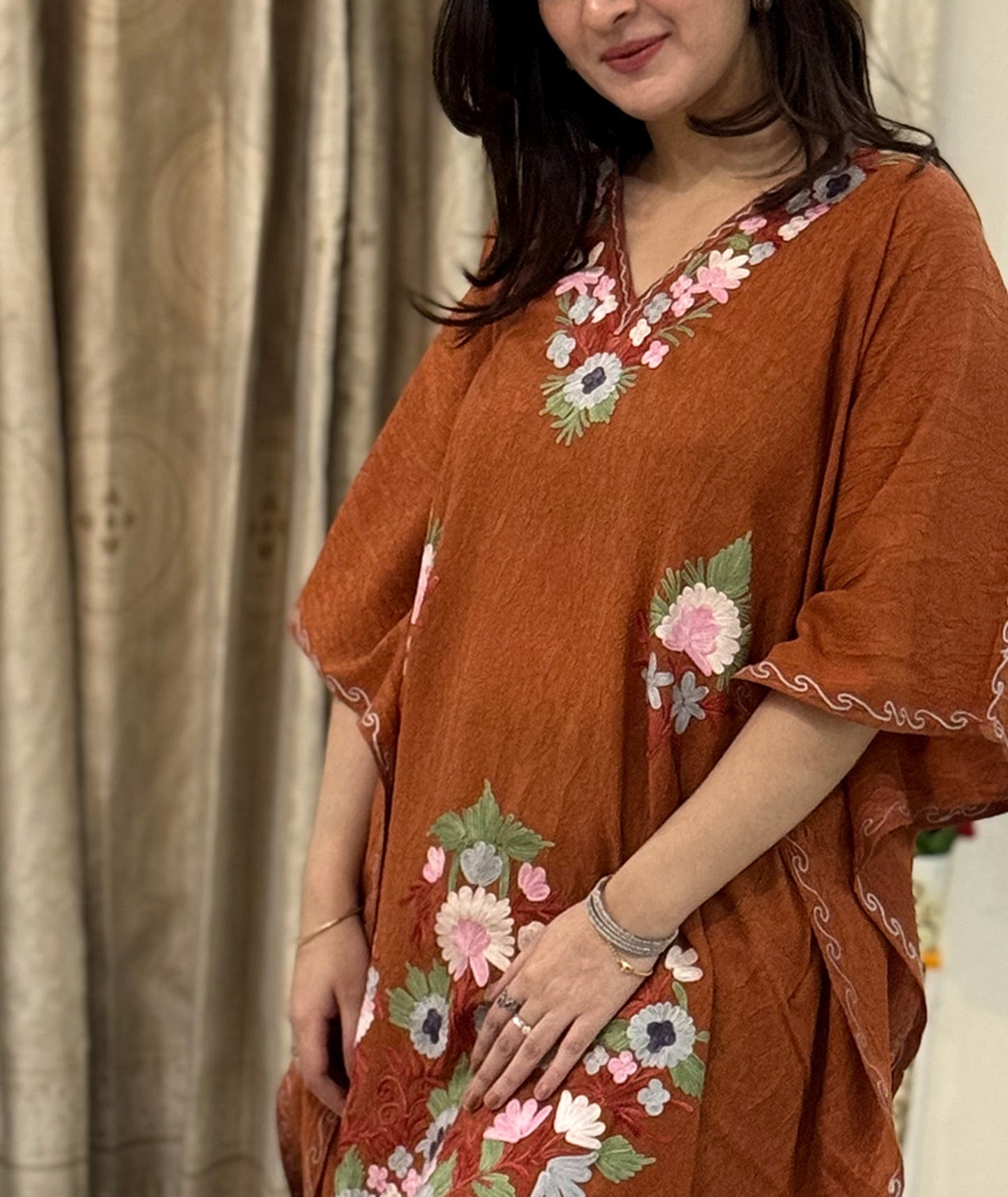 Brown Floral Design Aari Embroidered Kashmiri Crush Cotton Kaftan | Special Cotton fabric for Hot Summers