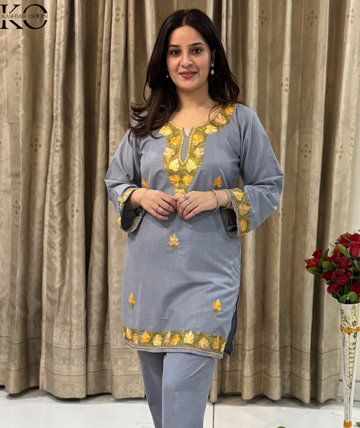 Grey With Yellow Aari Embroidered Cotton Co Ord Set- Apple cut Shalwar Design
