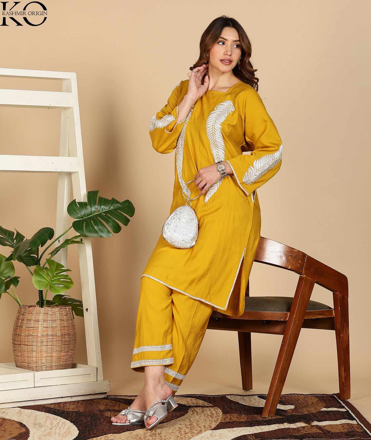 Mustard & White Tilla Embroidered Kashmiri Silk Pheran Set