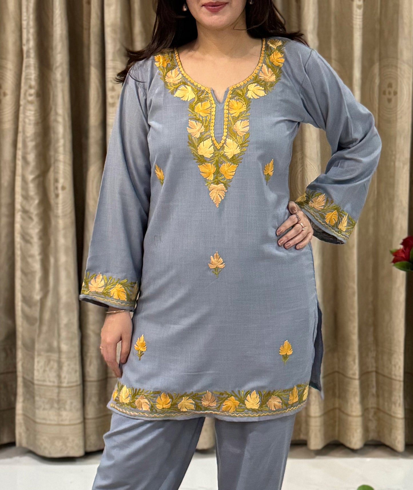 Grey With Yellow Aari Embroidered Cotton Co Ord Set- Apple cut Shalwar Design