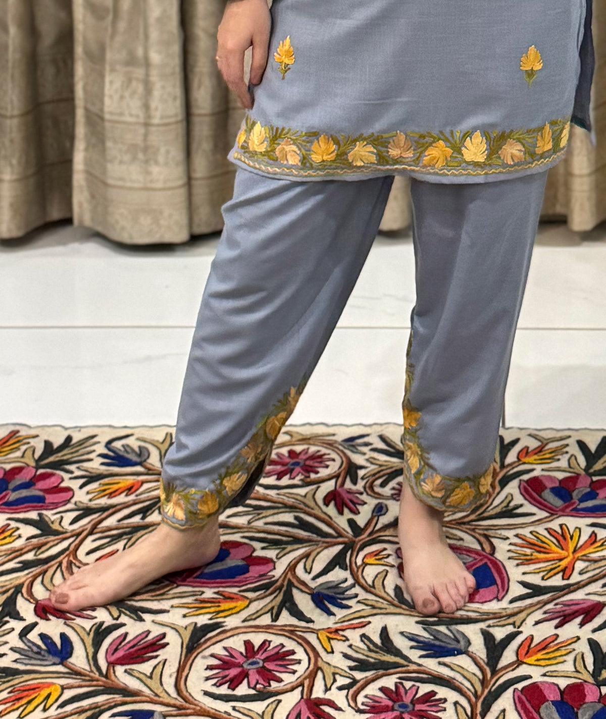 Grey With Yellow Aari Embroidered Cotton Co Ord Set- Apple cut Shalwar Design