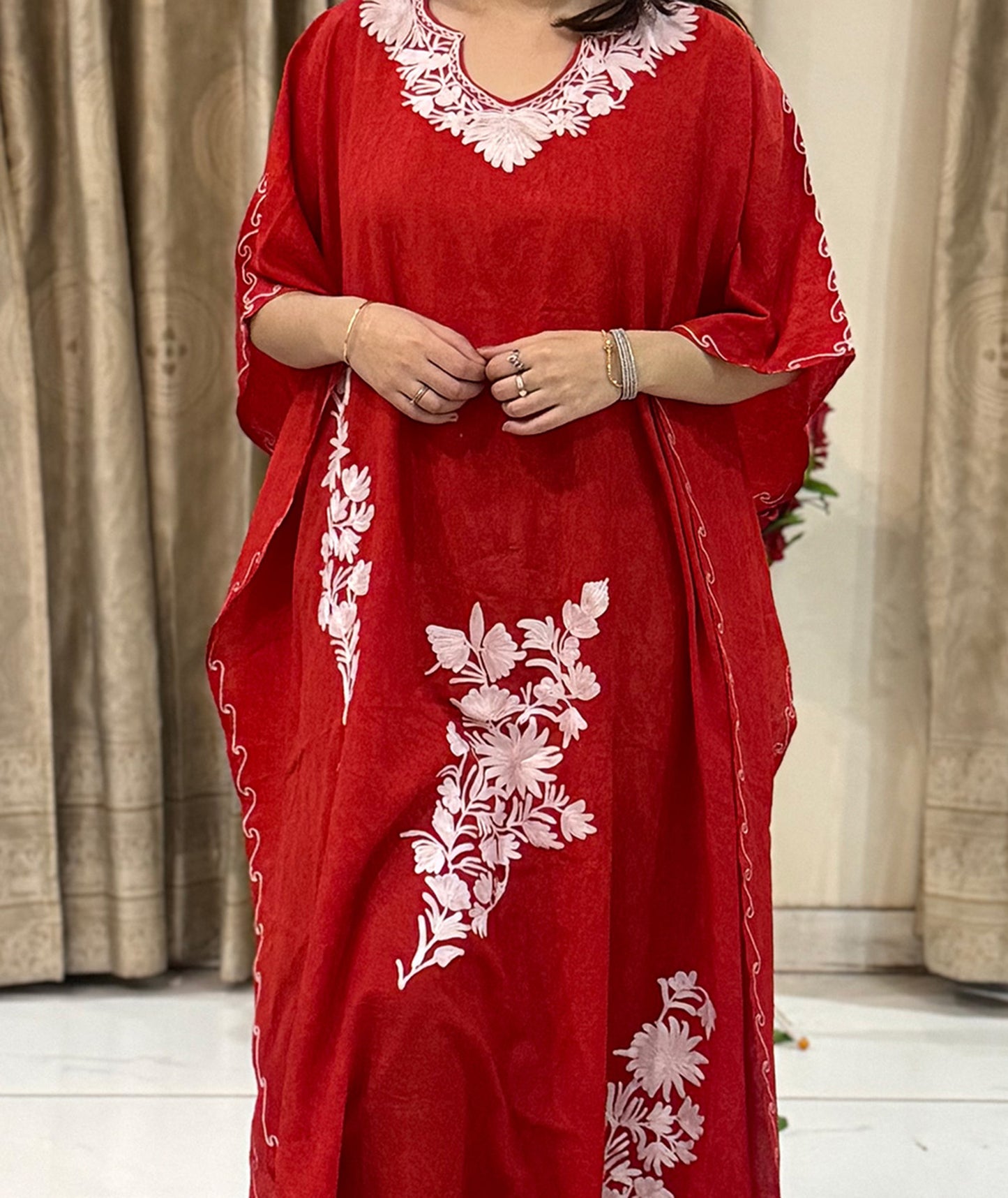 Red & White Aari Embroidered Kashmiri Cotton Kaftan | Special Cotton fabric for Hot Summers