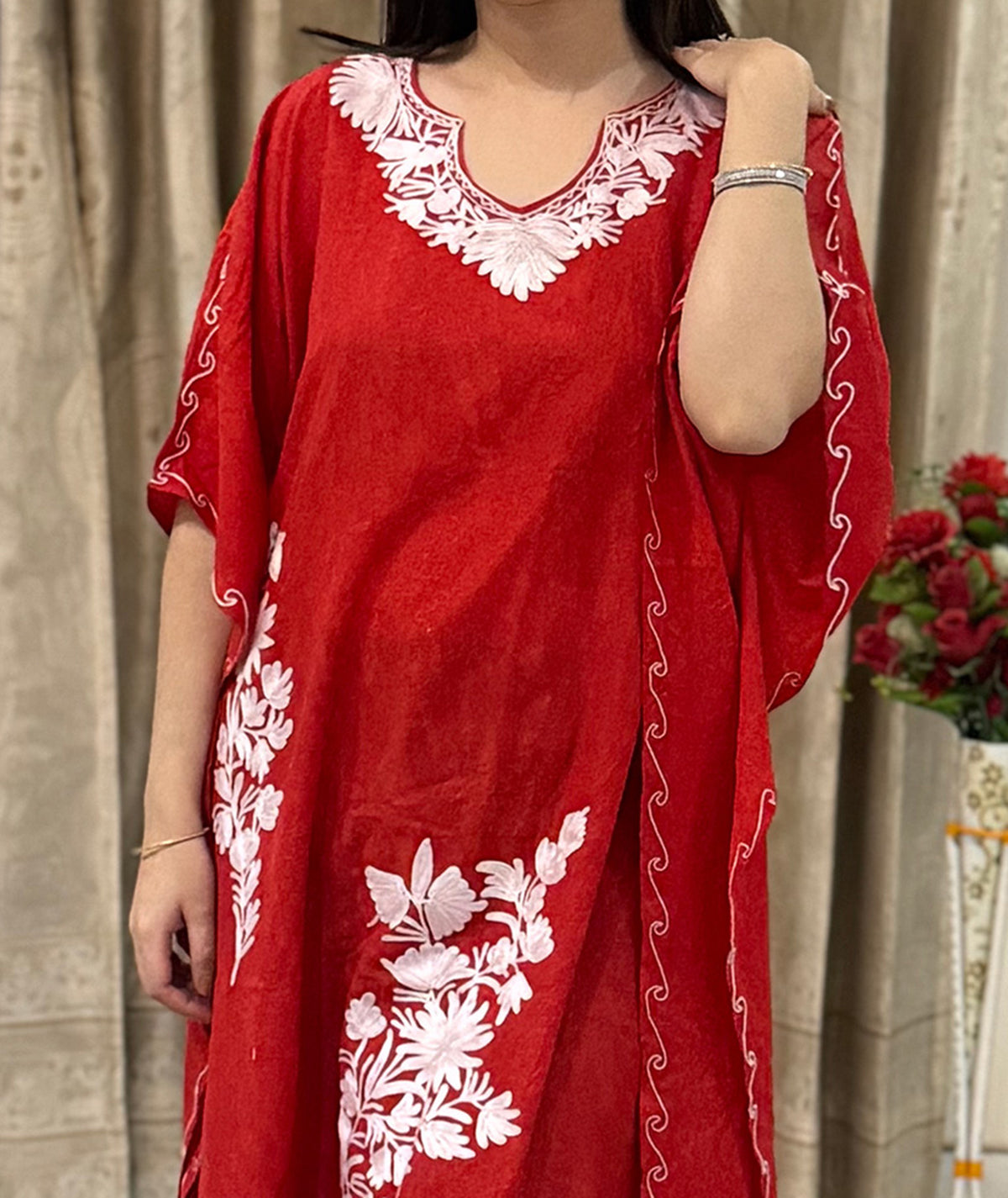 Red & White Aari Embroidered Kashmiri Cotton Kaftan | Special Cotton fabric for Hot Summers