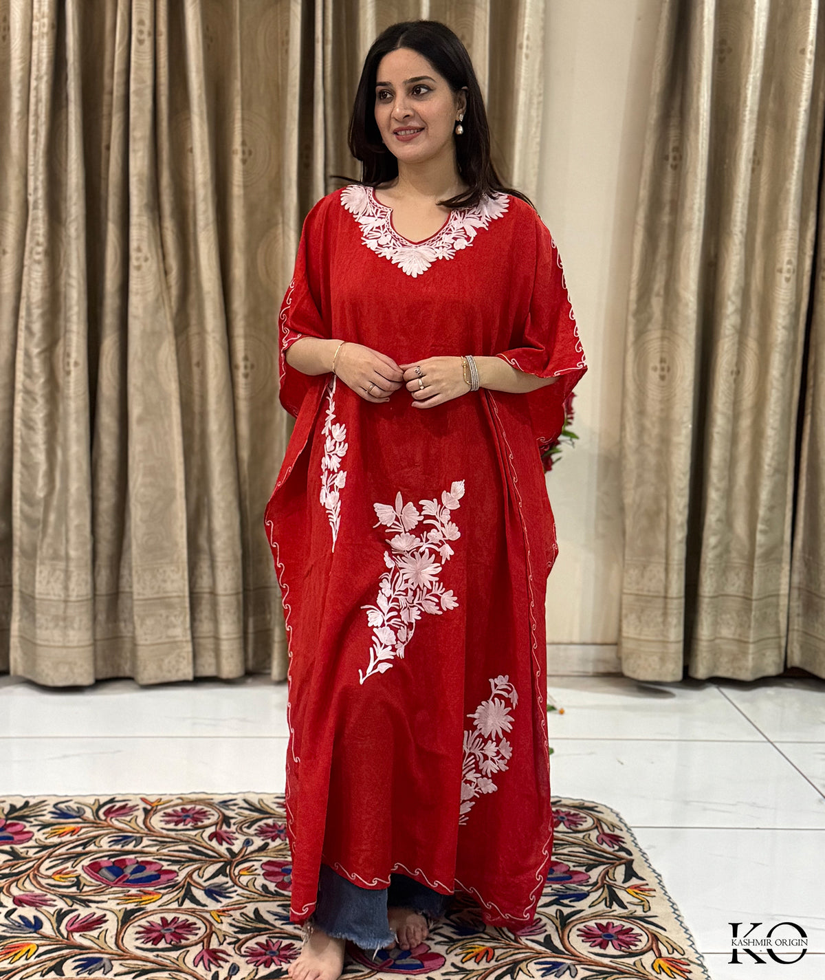 Red & White Aari Embroidered Kashmiri Cotton Kaftan | Special Cotton fabric for Hot Summers