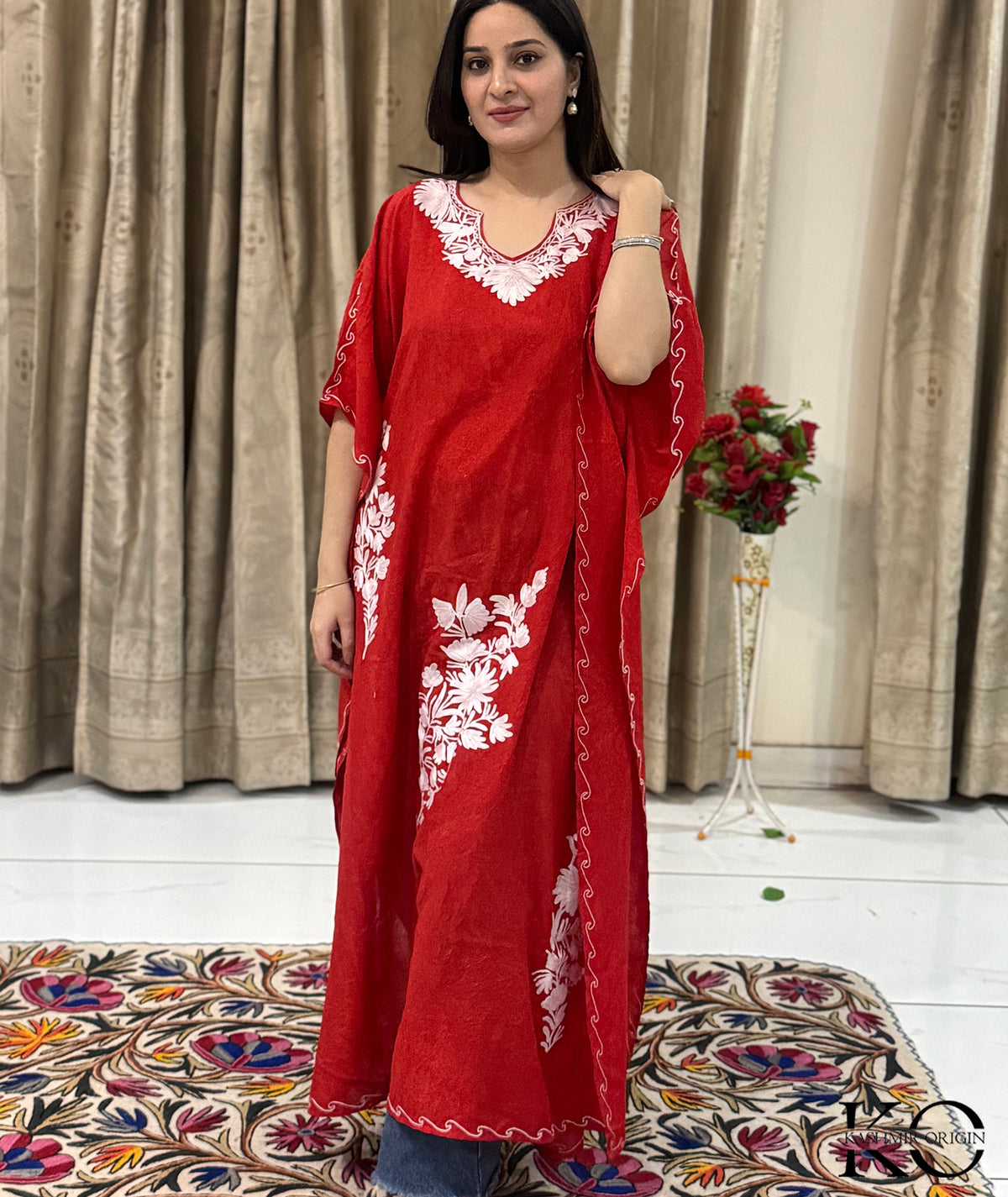 Red & White Aari Embroidered Kashmiri Cotton Kaftan | Special Cotton fabric for Hot Summers