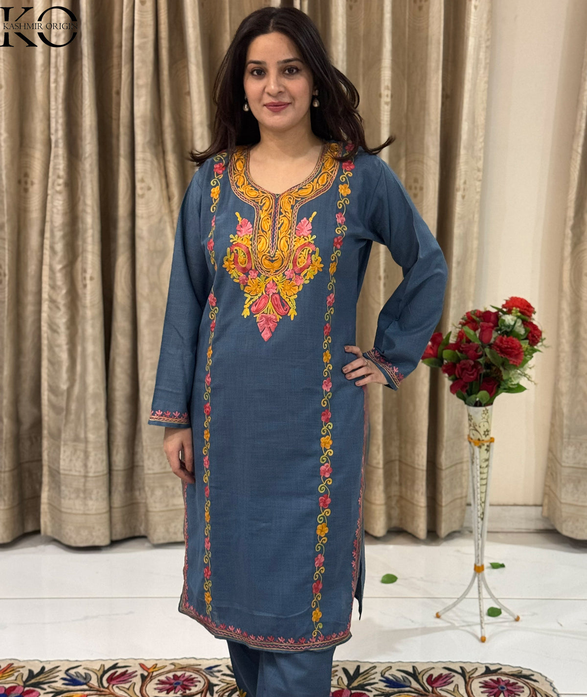 Denim Blue Color Aari Embroidered Cotton Co Ord Set