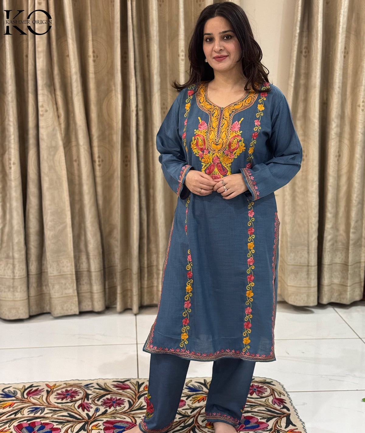Denim Blue Color Aari Embroidered Cotton Co Ord Set