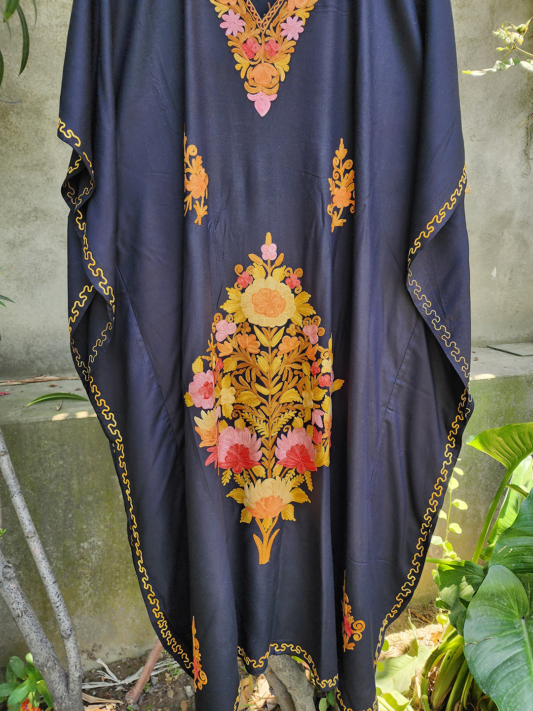 Black Gold Aari Embroidered kashmiri Rayon Cotton Kaftan