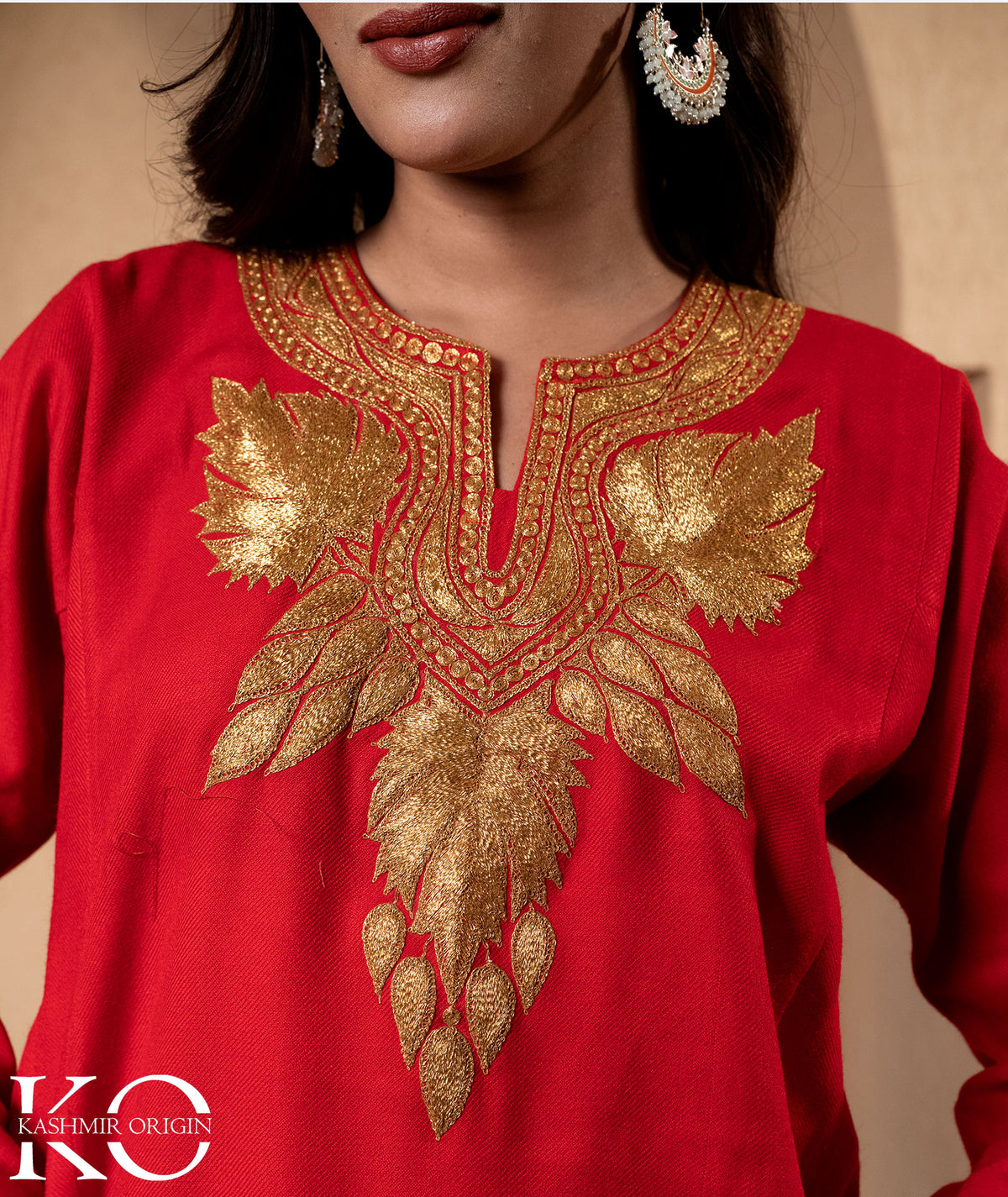 Rose Red Tilla Embroidered Leaf Design Woolen Pheran Set