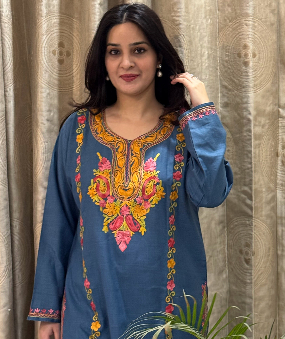 Denim Blue Color Aari Embroidered Cotton Co Ord Set