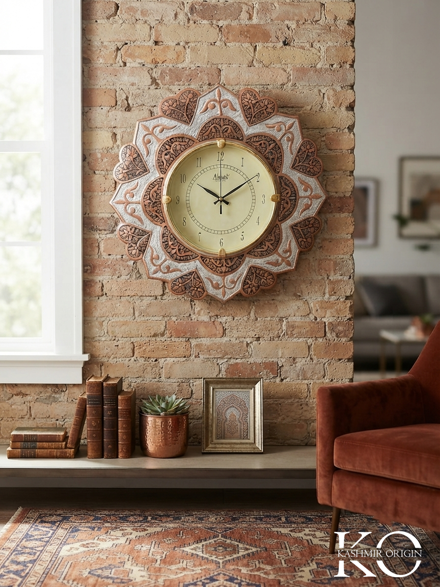 Heart Shaped Kashmiri Copper Wall Clock | Hand Engraved Clock Frame