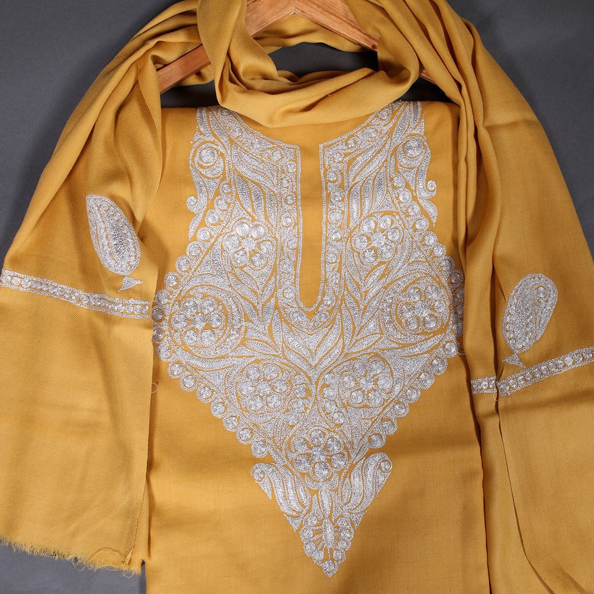 Tilla Embroidered Mustard Woolen Suit With Stole