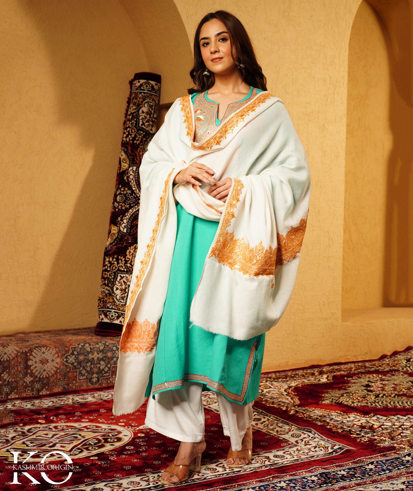 Cream Tilla Embroidered Woolen Shawl