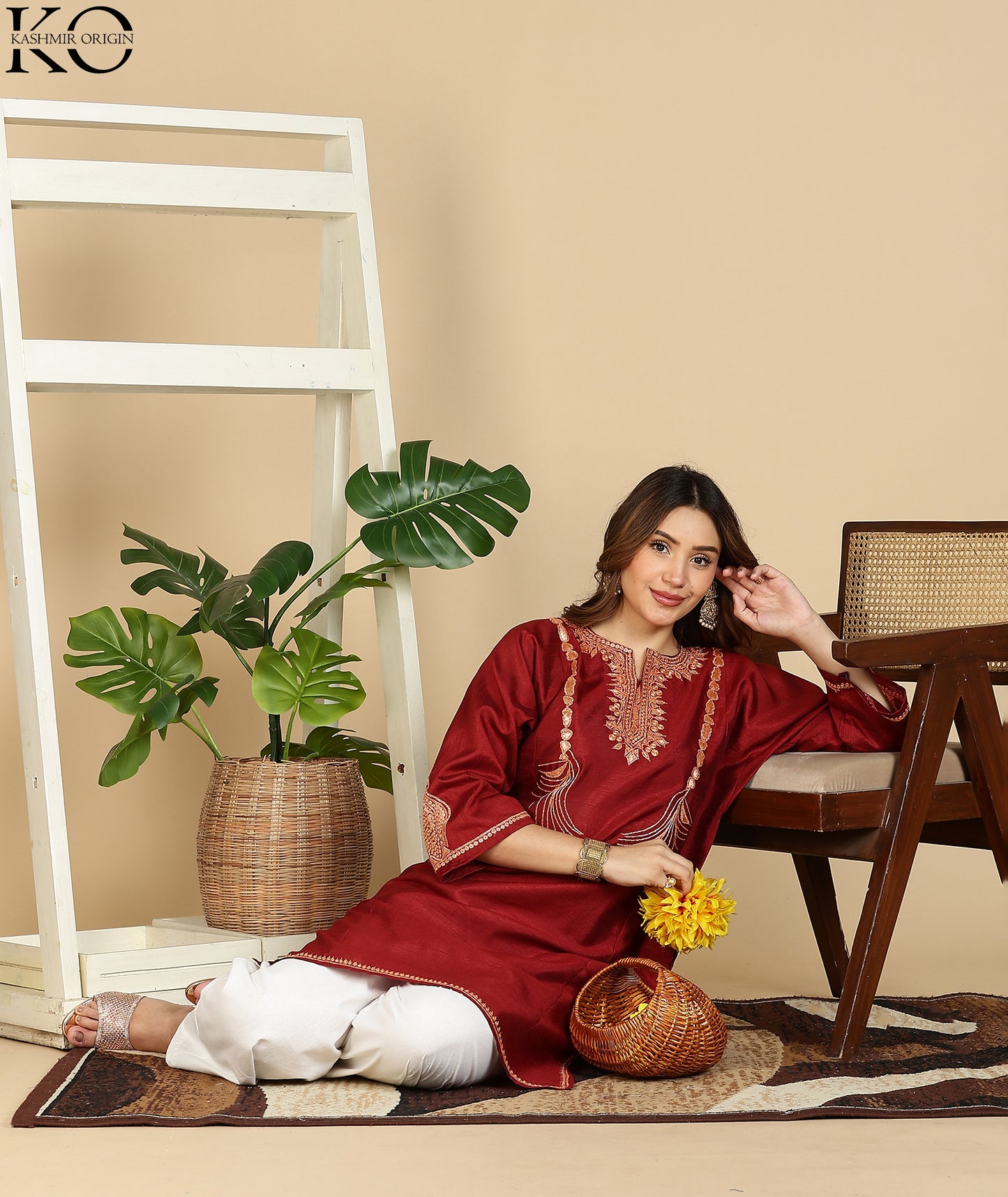 Maroon Tilla Embroidered Kashmiri Silk Pheran