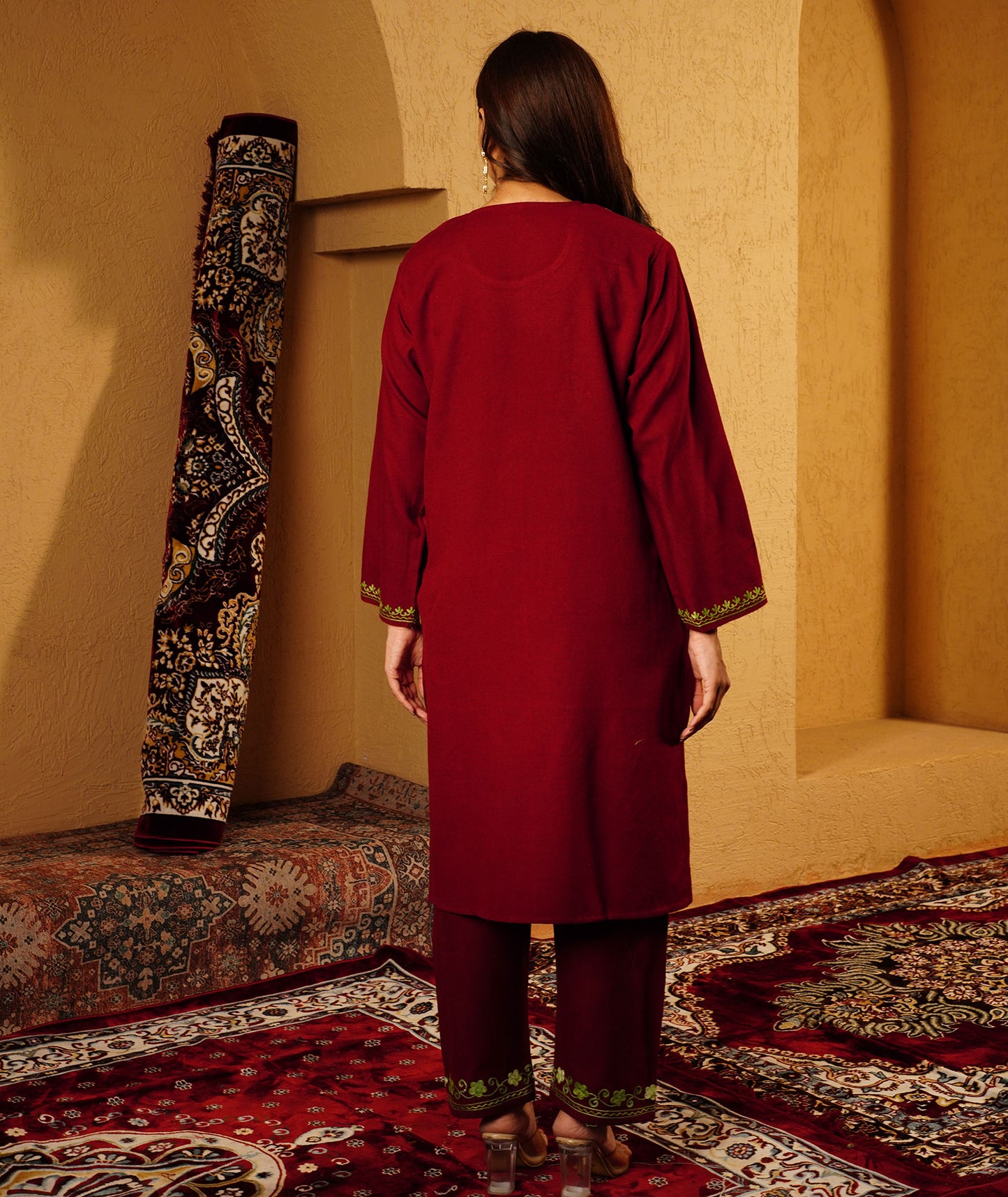 Aesthetic Maroon Aari Embroidered Woolen Co-ord Set