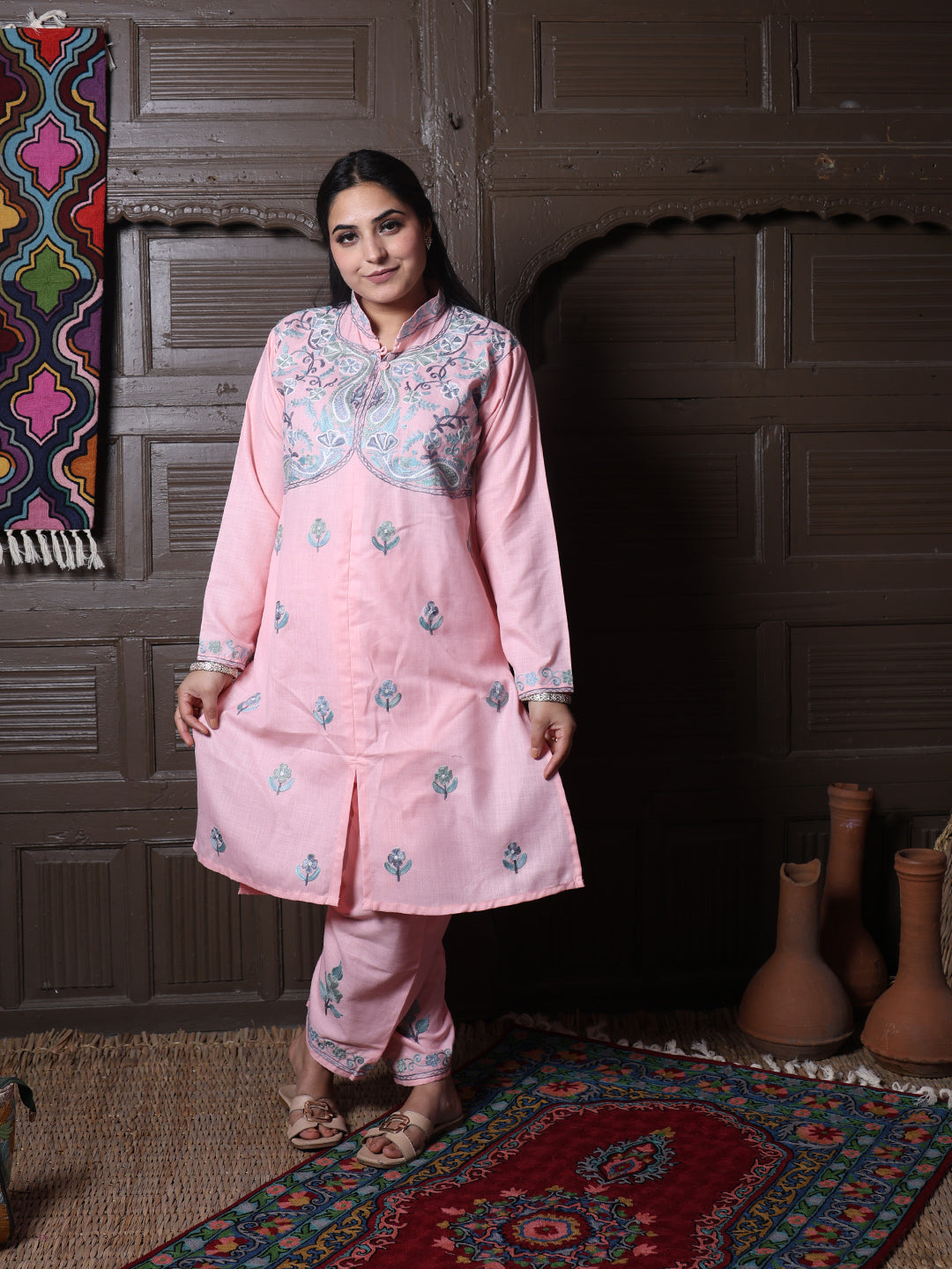 Mandarin collar Pink Aari Embroidered Kashmiri Front Cut Co-Ord Set