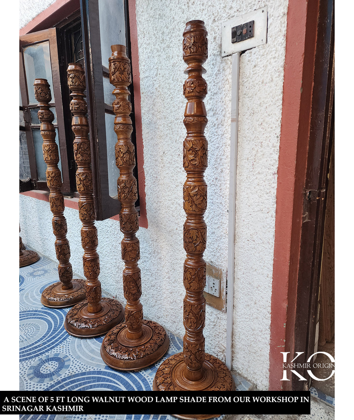 Walnut wood floor lamp stand without shade, side angle