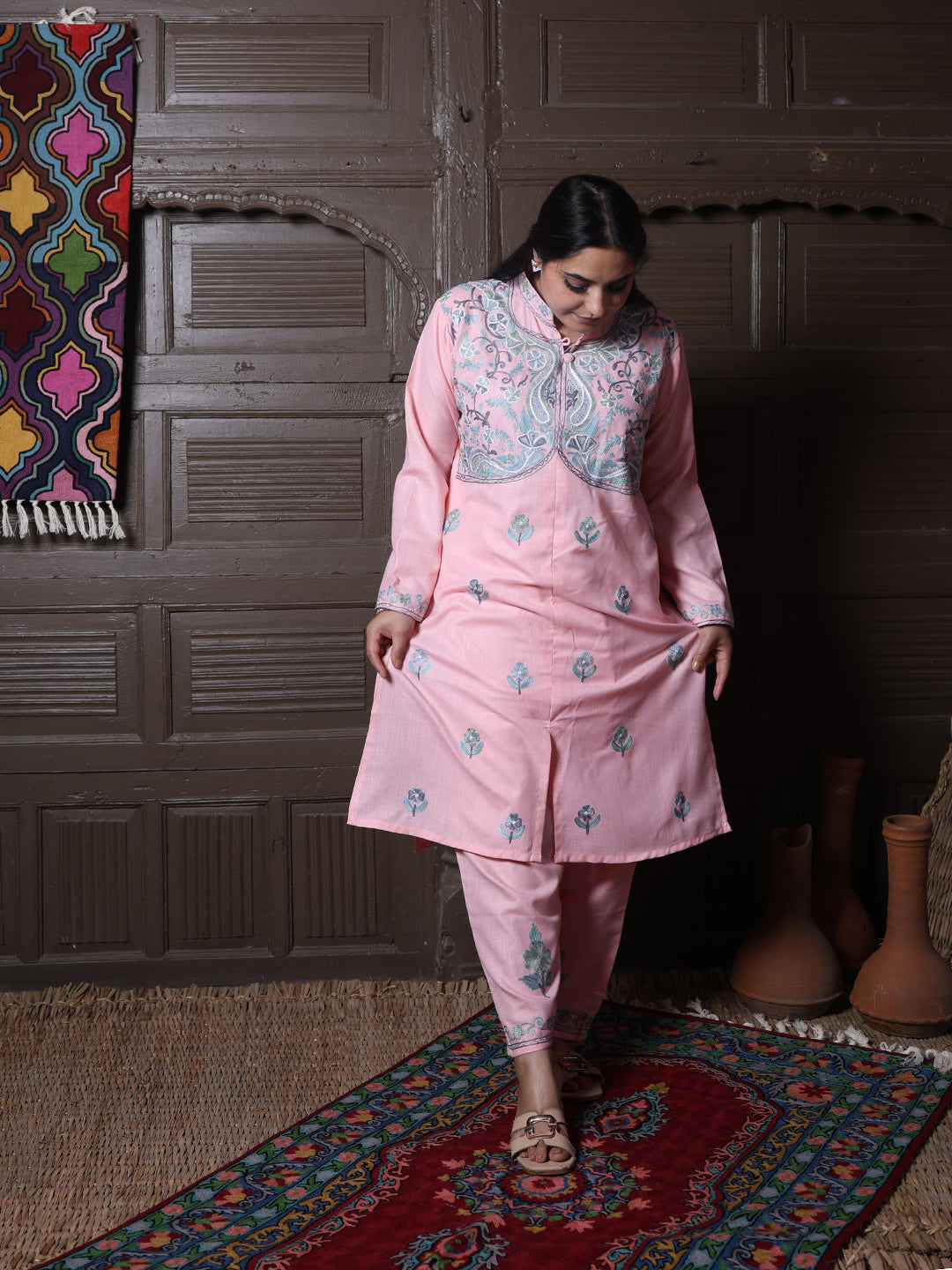 Mandarin collar Pink Aari Embroidered Kashmiri Front Cut Co-Ord Set