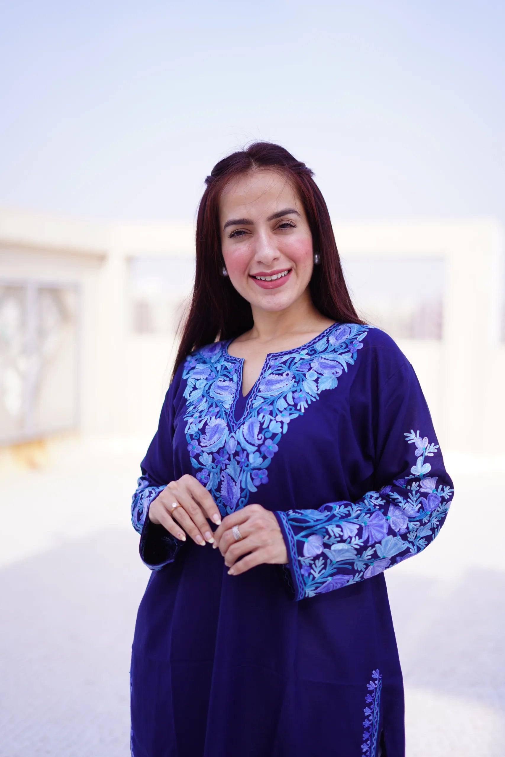 Blue Cotton Kurti with Paisley Aari Embroidery on Neck & Arms | Casual Kashmir origin Blue Cotton Kurti with Paisley Aari Embroidery on Neck & Arms | Casual Kashmir origin