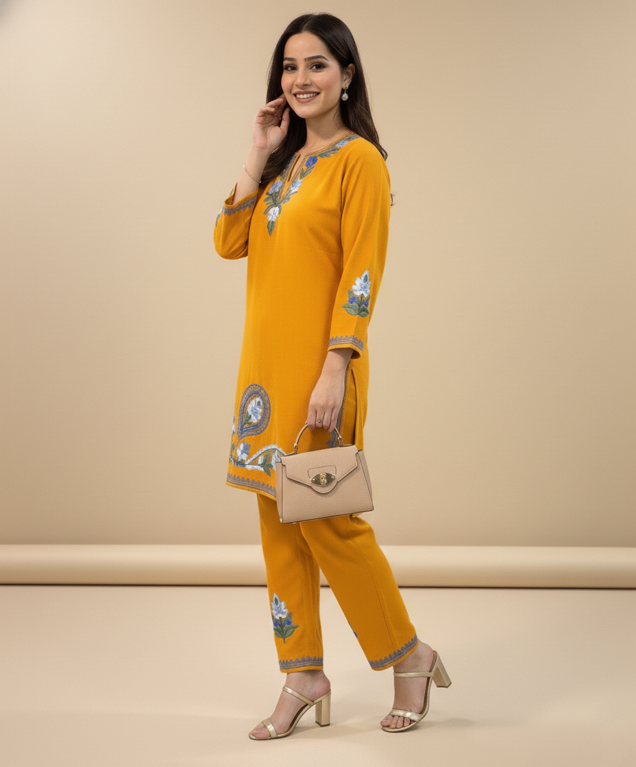 Mustard Yellow Daman Design Aari Embroidered Cotton Co Ord Set